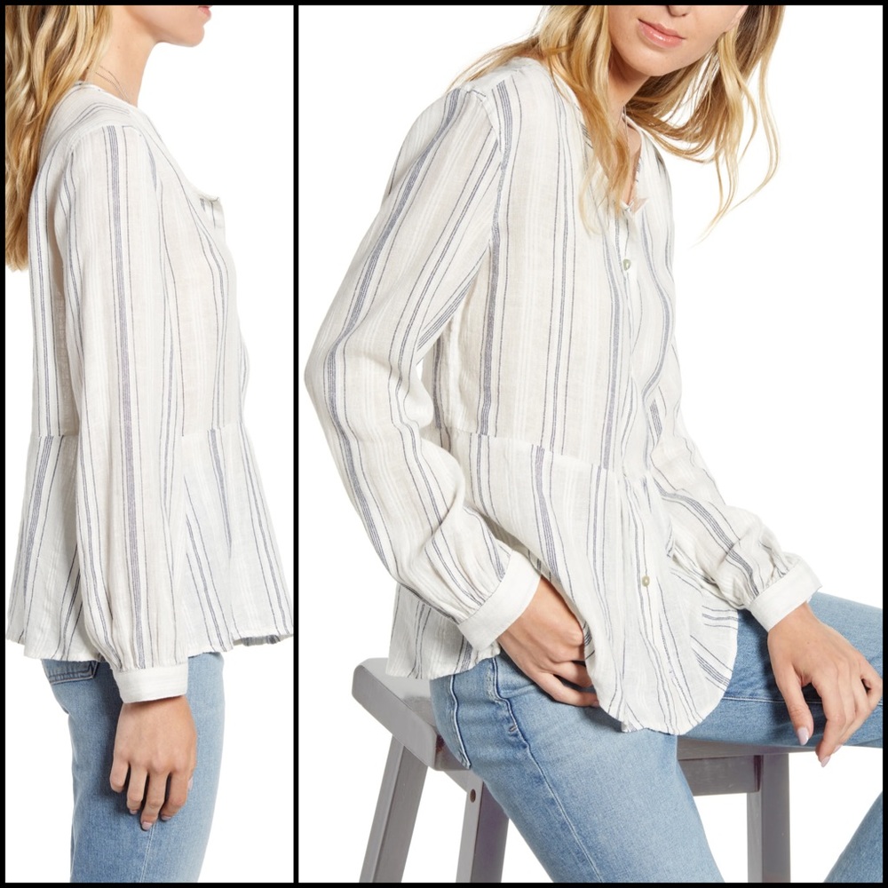 Rails Linen Blend Stripe Button Down Flare Blouse - Picture 2 of 8